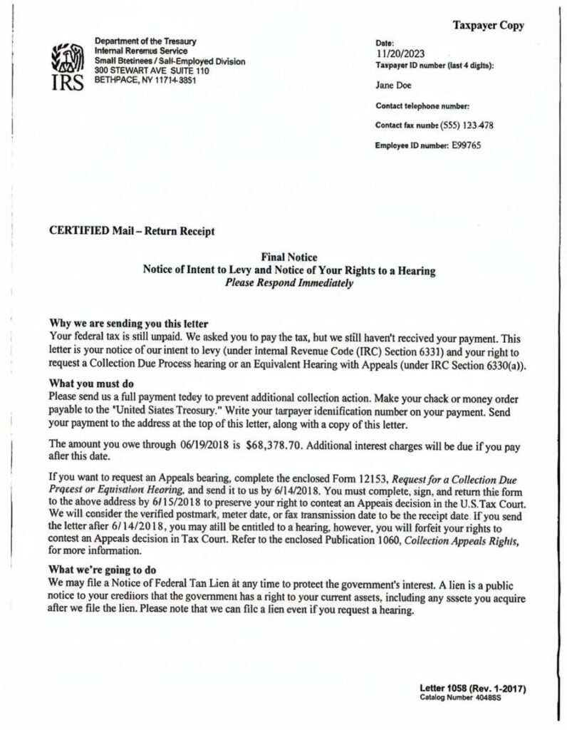 LT11 / Letter 1058 – Final Notice of Intent to Levy
