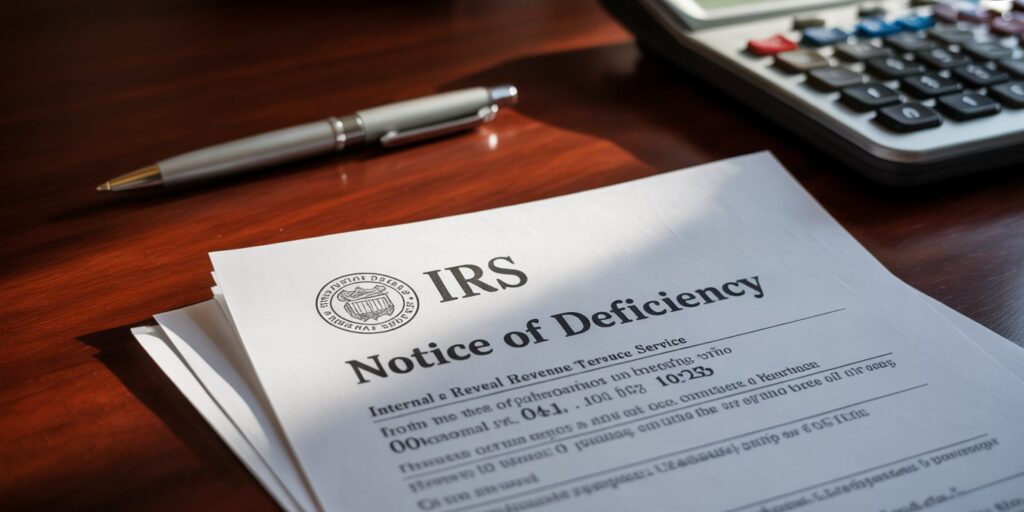 IRS notice letter on a desk next to a calculator, representing tax penalties for unfiled returns.