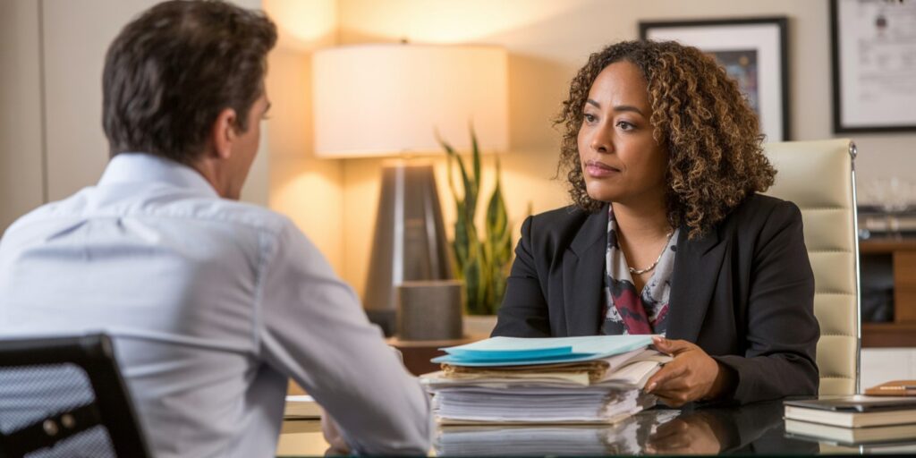 Tax professional in San Francisco helping a client with 5 years of unfiled tax returns paperwork.