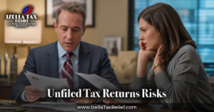 Risks of Unfiled Tax Returns explained by Izella Tax Relief to a worried taxpayer in Daly City California