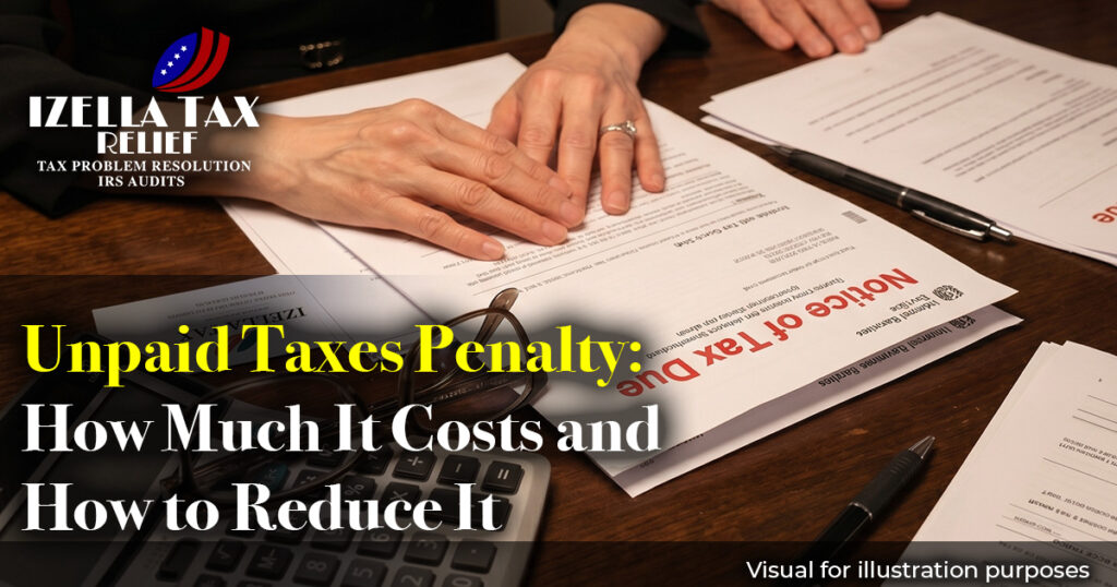 Tax professional in Daly City reviewing IRS notice for a client to reduce unpaid taxes penalty