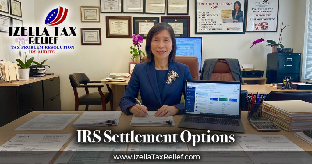 A professional tax consultant discussing IRS settlement options with a client in a San Francisco office izella can help