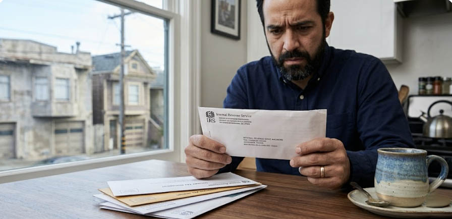 Person reviewing an IRS notice about unfiled tax returns seeking help in San Francisco Bay Area