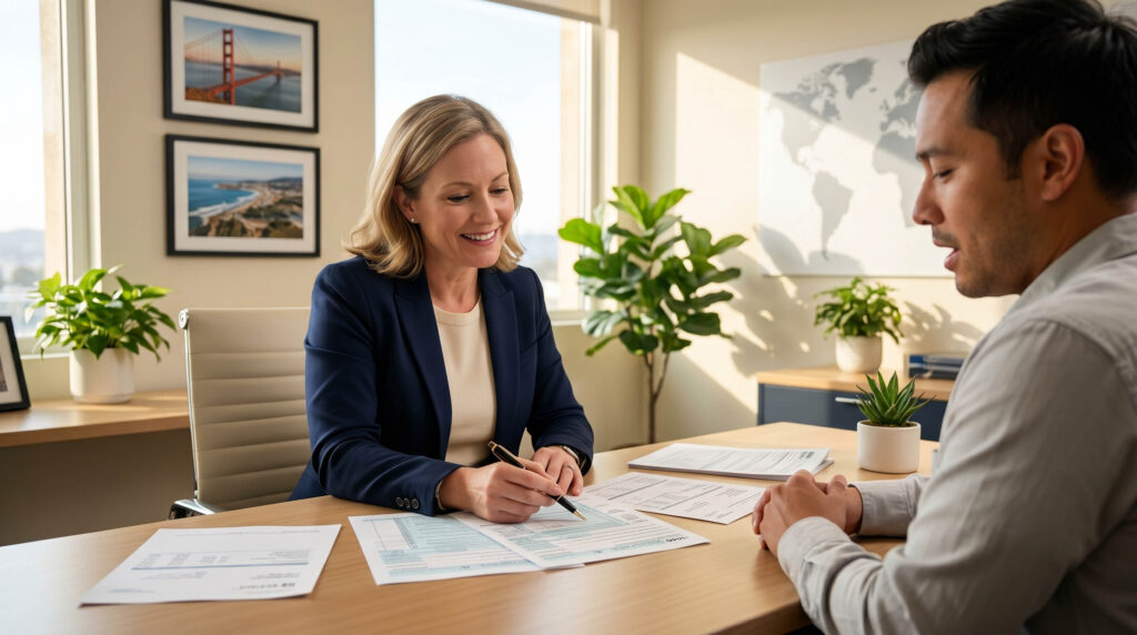 Izella Lui, late tax return filing expert in Daly City, reviewing IRS documents with a client