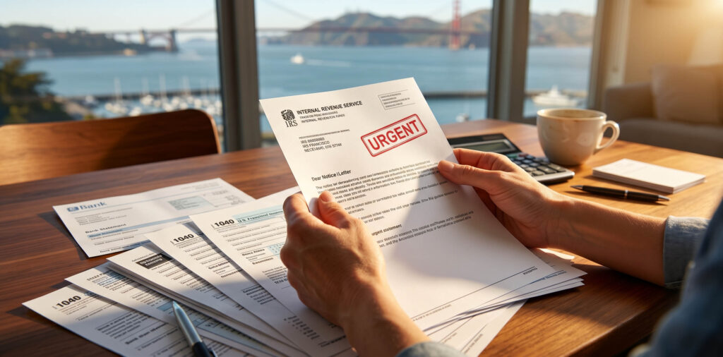 IRS notice for unfiled tax returns in San Francisco with tax relief documents on desk