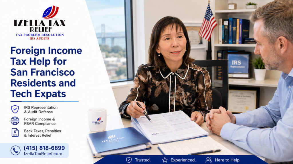Foreign income tax specialist San Francisco Izella Lui helping a client at her Daly City office