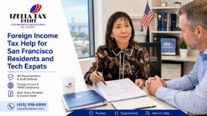Foreign income tax specialist San Francisco Izella Lui helping a client at her Daly City office