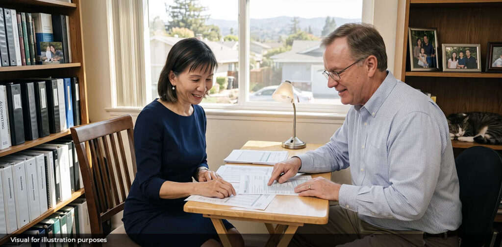 Izella Lui, licensed EA, discussing San Mateo back tax relief options during a client consultation