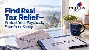 San Mateo County taxpayer sorting installment agreement paperwork before reaching out for tax relief services