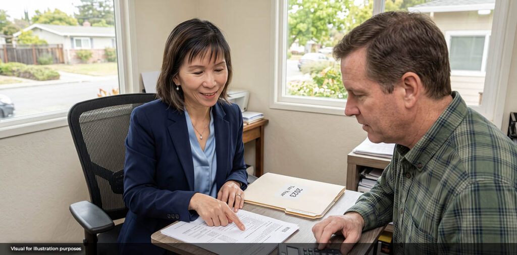 Izella Lui, licensed EA, reviewing old tax records with a client to work through an unfiled tax return IRS lien concern