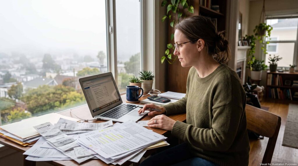 Daly City contractor at his kitchen table sorting 1099 forms and receipts while catching up on self-employed unfiled taxes