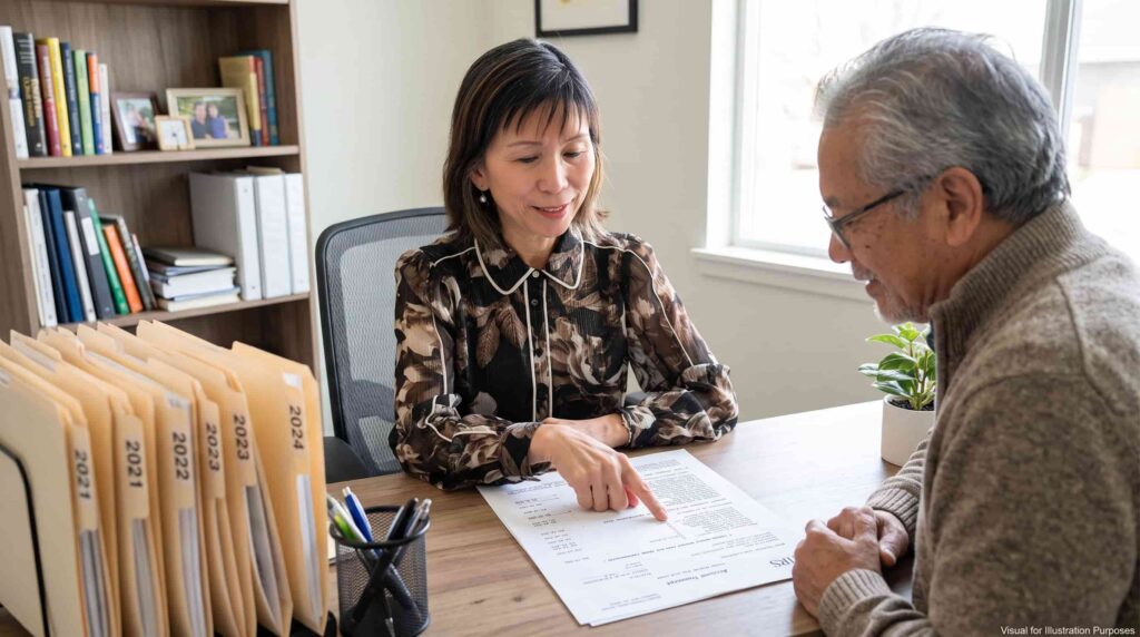 Izella Lui, licensed EA, reviewing IRS income transcripts with a client to sort out self-employed unfiled taxes
