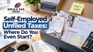 hoebox of business receipts and bank statements used to rebuild expenses for self-employed unfiled taxes in San Mateo County