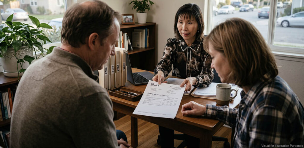 Izella Lui, licensed EA, reviewing IRS transcripts with a client to sort out unfiled tax returns wage garnishment concerns