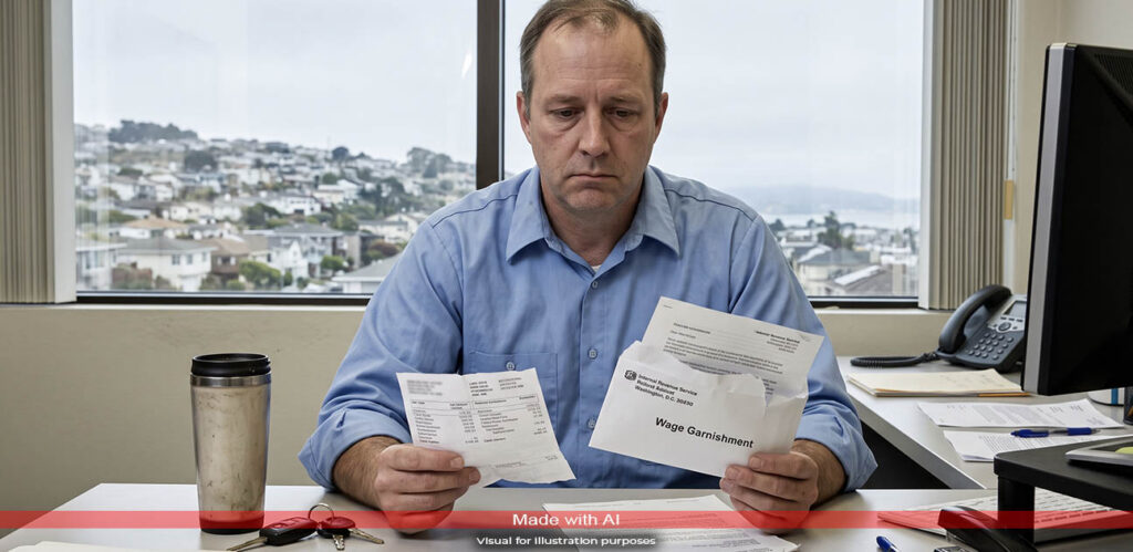 Daly City employee looking over a pay stub and an IRS letter while learning about unfiled tax returns wage garnishment options